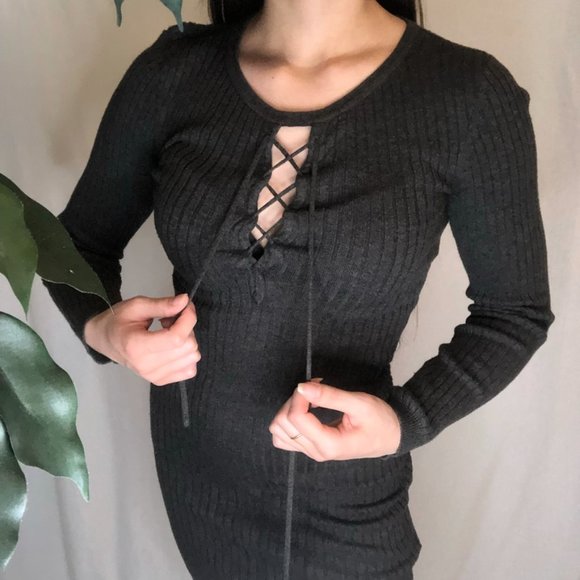 Grey Criss Cross Detail Bodycon Casual Dress - Picture 5 of 12